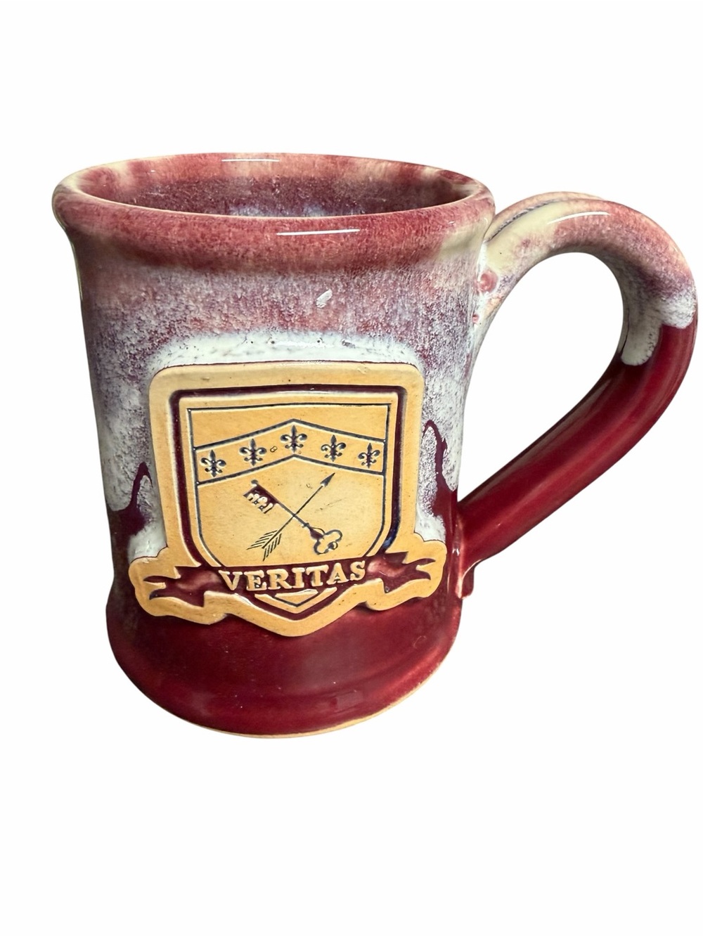 Veritas Crest Ceramic Coffee Mug in Burgundy and Cream by Grey Fox Pottery